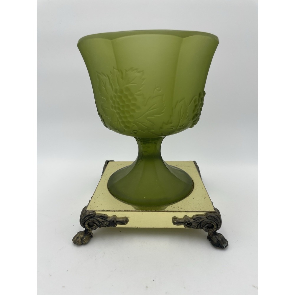 Vtg Granny Core Green Frosted Pedestal Bowl on Brass Claw‎ Foot Base 7.5" Tall - Picture 2 of 8